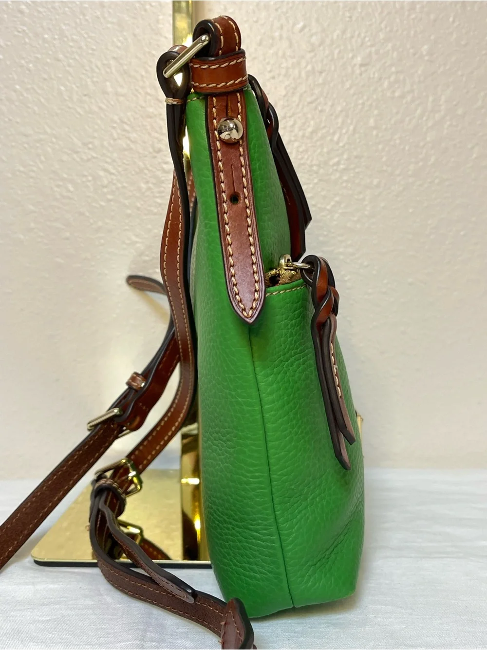 Dooney & Bourke Green Pebbled Leather Crossbody with Brown Trim